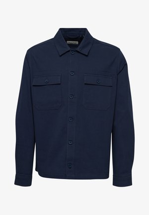 Nattblaues Button-Up-Hemd aus Baumwollmischung mit spitzem Kragen, zwei Brusttaschen und langen Ärmeln mit geknöpften Manschetten.