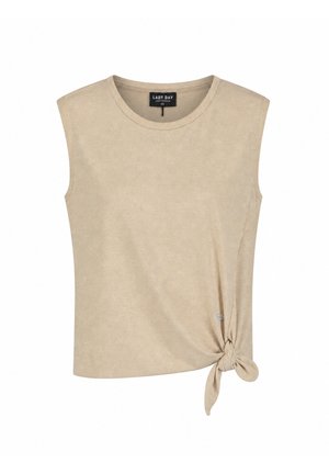Mouwloze beige top met ronde hals en zijstrikdetail, gelabeld Lady Day Amsterdam, maat XS.
