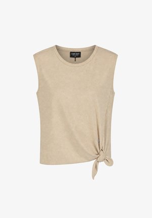 Mouwloze beige top met ronde hals en zijstrikdetail, gelabeld Lady Day Amsterdam, maat XS.