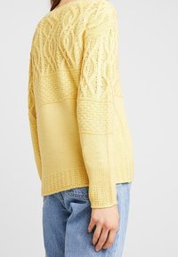 Žlutý pletený svetr s texturovanými copánkovými vzory na ramenou, hladkým tělem a dlouhými rukávy. Nošený s modrými džíny.