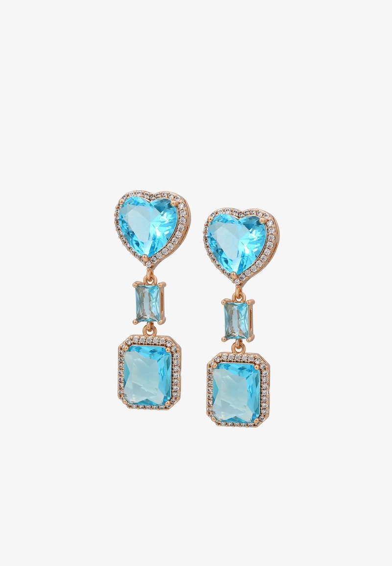 Korukullat kullan värviga, südamekujulise sinise vääriskivi, ristküliku kujulise sinise kivi ja sädelevate selgete aktsentidega ümber igas. Elegantne riputusdisain.