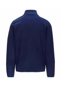 Giacca in pile blu navy con colletto alto, maniche lunghe e texture liscia; presenta un design semplice e classico senza decorazioni.