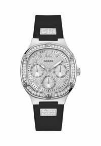 Strieborné analogové hodinky s textúrovaným ciferníkom, okrajom zdobeným kryštálmi a čiernym silikónovým remienkom. Obsahujú niekoľko subciferníkov a zobrazenie dátumu.