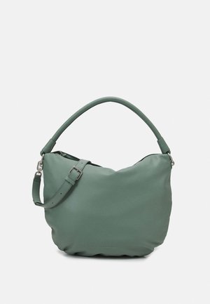 Sac hobo en cuir vert doux avec une poignée supérieure arrondie et une bandoulière réglable avec une boucle en argent.