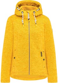 Žlutá fleecová bunda se zipem vpředu, stahovací kapucí, dvěma bočními kapsami a texturovanou látkou se jemným vzorem.
