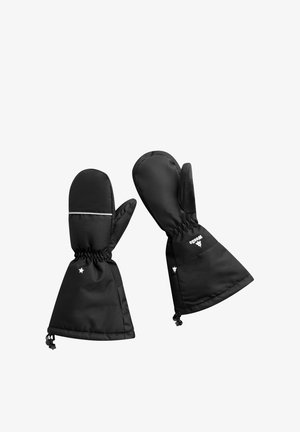 Moufles noires avec poignets élastiques, fabriquées en matériau imperméable. Comprennent des grips texturés sur la paume et des accents réfléchissants.
