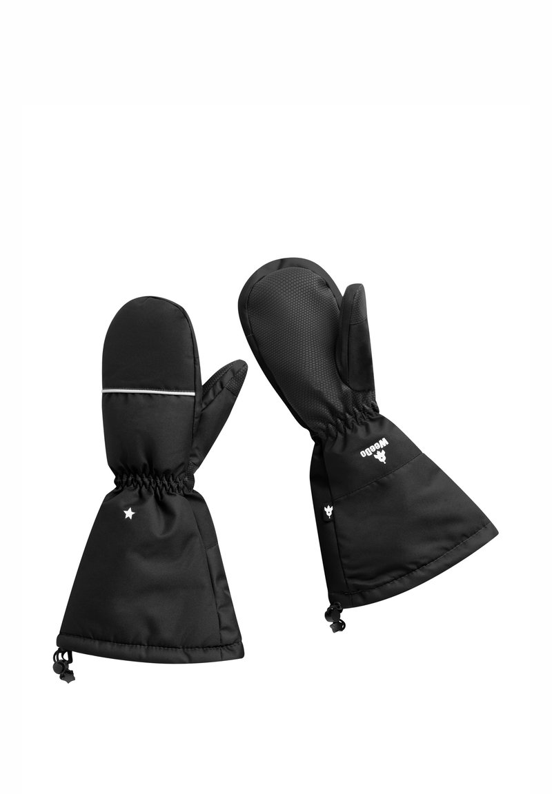 Black mittens with elastic cuffs, made of waterproof material. Features textured palm grips and reflective accents.