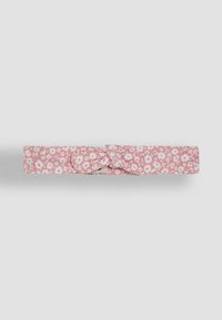 Floral headband in pink fabric with white flowers, featuring a knotted detail at the front and a smooth texture, measuring approximately 2 inches wide.