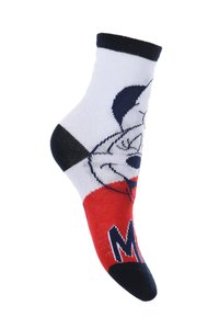 Calcetín de algodón con un personaje de dibujos animados en negro, rojo y blanco. El diseño incluye una cara gráfica y una letra "M" en rojo.