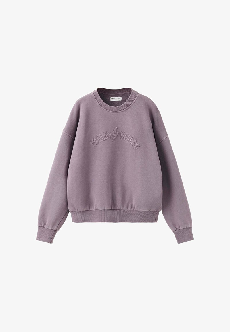 Sweat violet à manches longues avec col rond, bord-côtes aux poignets et à l'ourlet, avec un texte en relief "Wild Vibes" et un motif d'éclair sur le devant.