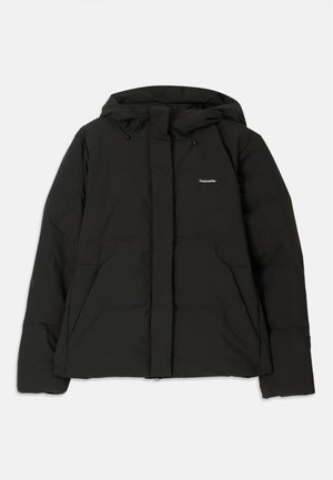 Black puffer jacket with a hood, front zipper, two large front pockets, and a small logo on the chest. Made from a smooth, insulated material.