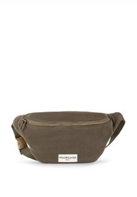 Olive green canvas fanny pack with a curved shape, gold zipper, and adjustable strap. Features a white label with "HOLZRICHTER BERLIN."
