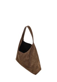 Braune Wildlederhandtasche mit einem einzelnen Ledergriff, weicher Textur, geschwungener Form und offenem Oberteil, mit einem schwarzen Innenfutter und einer kleinen Tasche.