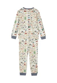 Children’s two-piece pajama set with cream background, gray cuffs, and a colorful road map pattern featuring cars, trees, buildings, and traffic signs.