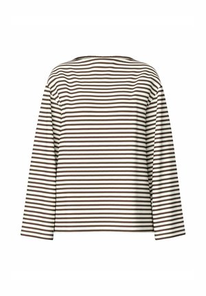 Camiseta de manga larga con rayas horizontales marrones y blancas, cuello redondo y corte holgado, mostrada sobre un fondo blanco.