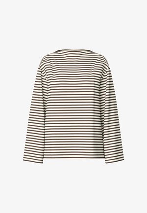 Langärmelig shirt met horizontale bruine en witte strepen, ronde hals en ontspannen pasvorm, weergegeven op een witte achtergrond.