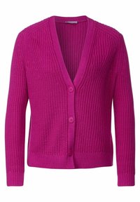 V-ringad cardigan i stark rosa, med ett strukturerat stickat mönster, två framknappar, ribbade manschetter och nederkant.