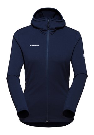 Veste en polaire bleu marine avec capuche, fermeture éclair sur toute la longueur et logo sur la poitrine. Comprend des poches latérales et des manches ajustées avec des poignets doux.