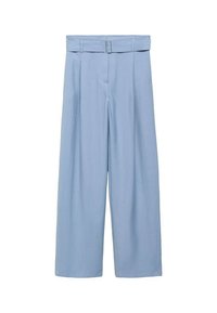 Helle blaue weite Hose aus glattem Stoff, mit einem Taillengürtel, Falten und seitlichen Taschen für einen lässigen Sitz.