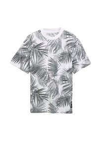 Camisa blanca de manga corta con estampado de hojas de palma en negro y gris. Cuello redondo, fabricada en un tejido suave, con una pequeña etiqueta en el dobladillo.