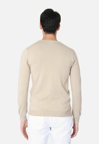 Maglione beige a maniche lunghe con collo a giro, realizzato in materiale morbido. Presenta polsini e orlo ribattuti. Indossato sopra pantaloni bianchi.