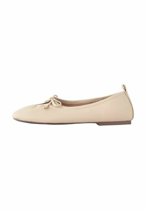 Beige ballet flats with a pointed toe, featuring a small bow accent and a smooth synthetic material. Flat sole with minimal heel.