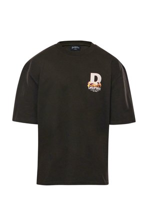Schwarzes Baumwoll-T-Shirt mit kurzen Ärmeln, Rundhalsausschnitt, mit einem weißen "D"-Logo und einem bunten Grafikdesign auf der linken Brustseite.