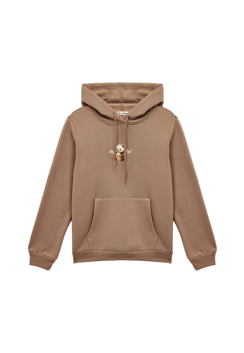 Sudadera con capucha marrón con un bolsillo canguro delantero, capucha con cordón y un detalle gráfico de panda en el pecho. Tejido suave con puños acanalados.