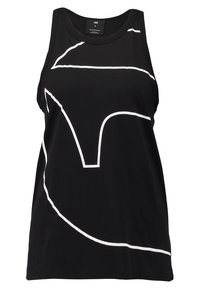 Svart linne i mjukt tyg med en vit abstrakt design. Ärmlöst, med rund hals och en avslappnad passform.