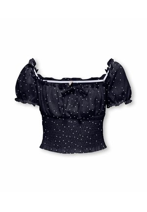 Czarny, krótki crop top z bufkami na rękawach, białe groszki, kwadratowy dekolt, elastyczna talia i mała kokarda na środku przodu.