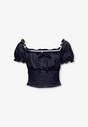 Czarny, krótki crop top z bufkami na rękawach, białe groszki, kwadratowy dekolt, elastyczna talia i mała kokarda na środku przodu.