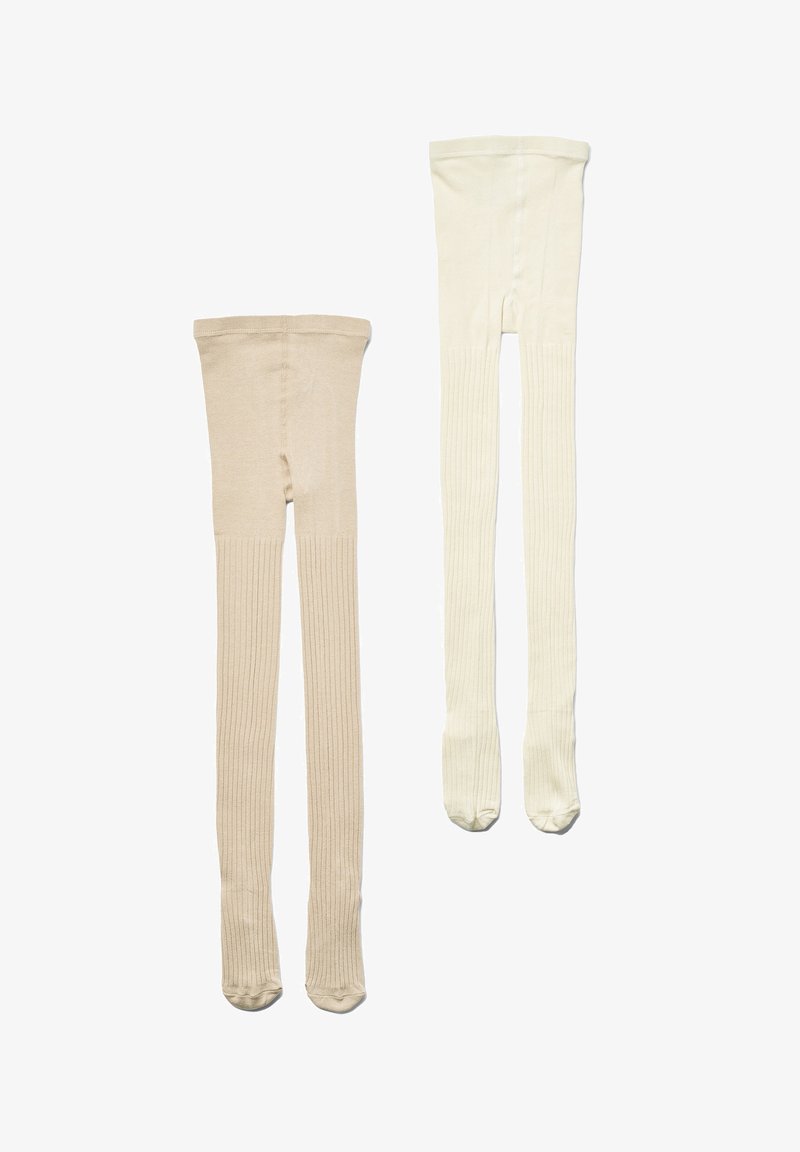 Collants en maille côtelée beige et blanc cassé étalés à plat, montrant toute la longueur de la taille jusqu'à l'orteil fermé sur fond blanc.