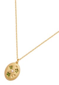 Kultainen ketjukaulakoru, jossa on soikea riipus, jossa vihreitä nelilehtisiä apiloita, pieniä tähtikoristeita ja keskellä valkoinen helmi.