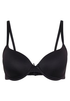 Reggiseno imbottito nero con spalline regolabili, texture liscia e un piccolo fiocco decorativo al centro. Design classico adatto per un uso quotidiano.