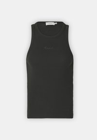 Svart ribbet tanktop med rund halslinning, med brodert "Coach"-logo på brystet. Laget av et mykt, stretchy stoff.