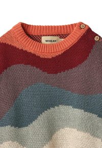 Strickpullover mit einem mehrfarbigen Wellenmuster in roten, blauen und cremefarbenen Tönen. Verfügt über einen gerippten orangen Ausschnitt und Holzknöpfe.