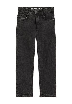 Jeans de mezclilla negros de pierna recta con cinco bolsillos, cierre de botón y etiqueta "BLUE RIDGE" dentro de la cinturilla.