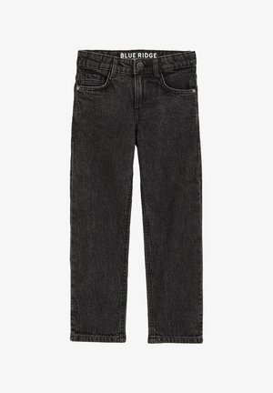 Črne kavbojke ravnega kroja z petimi žepi, zapiranje na gumb in oznako "BLUE RIDGE" znotraj pasu.