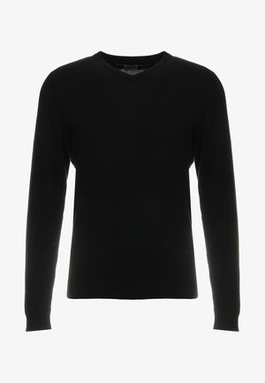 Suéter negro de cuello en V, de manga larga, con puños y dobladillo acanalados, hecho de una tela lisa con una textura sutil. Diseño clásico y versátil.