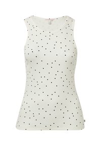 Witte mouwloze tanktop van ribbed stof, met een patroon van kleine zwarte stippen en een ronde halslijn.