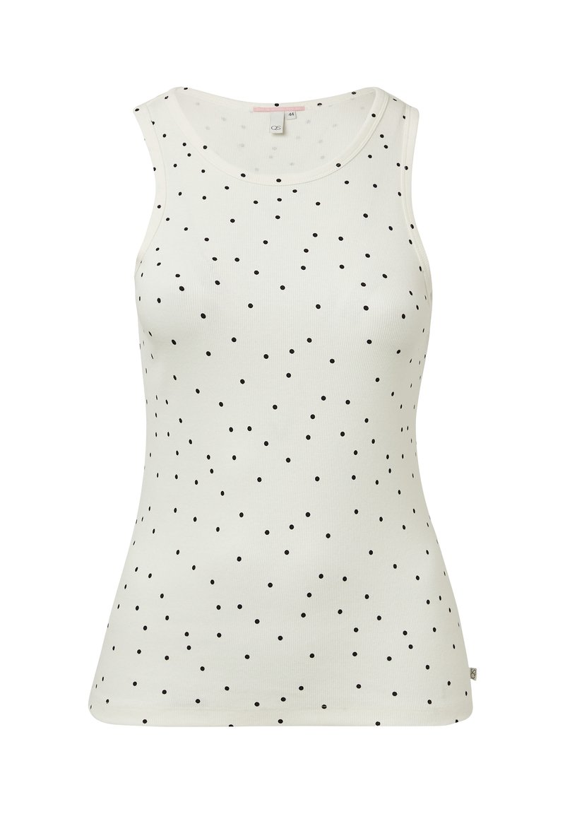 Witte mouwloze tanktop van ribbed stof, met een patroon van kleine zwarte stippen en een ronde halslijn.