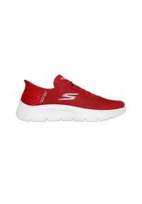 Roter Sportschuh mit Mesh-Obermaterial und weißer, gepolsterter Sohle; verfügt über ein Logo an der Seite und ein leichtes Design für Komfort.
