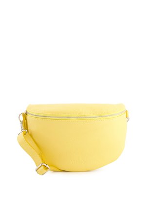 Gelbe Leder-Umhängetasche mit abgerundetem Design, Reißverschluss und verstellbarem Tragegurt. Texturierte Oberfläche mit minimalen Hardware-Details.