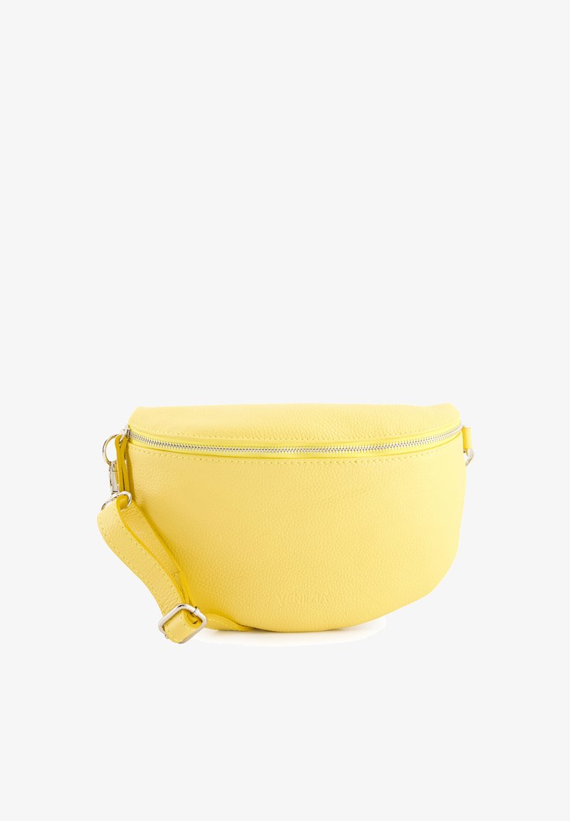 Gul læder crossbody taske med rund design, lynlås lukning og justerbar rem. Struktureret overflade med minimale hardware detaljer.