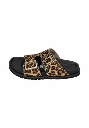 Black sole sandal with two adjustable leopard-print straps featuring silver buckles, side view on white background.