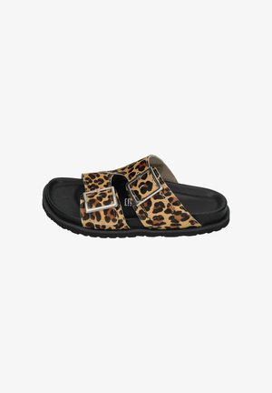 Black sole sandal with two adjustable leopard-print straps featuring silver buckles, side view on white background.