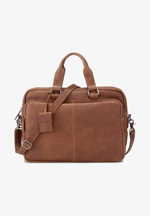 Brown leather briefcase with two handles and a detachable shoulder strap. Front zip pocket and embossed logo detail. Smooth texture.