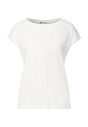 Witte kortsychter t-shirt van katoen met kantaccenten op de schouders, ronde halslijn en een relaxed fit. Soepele textuur, zonder patronen.
