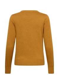 Pull jaune moutarde à manches longues avec ourlet, poignets et encolure côtelés, vu de dos sur fond blanc.