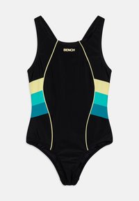 Maillot de bain noir avec des rayures horizontales jaunes, bleu clair et bleu foncé. Présente un design épuré et un style dos nageur. Nom de la marque "BENCH" affiché.
